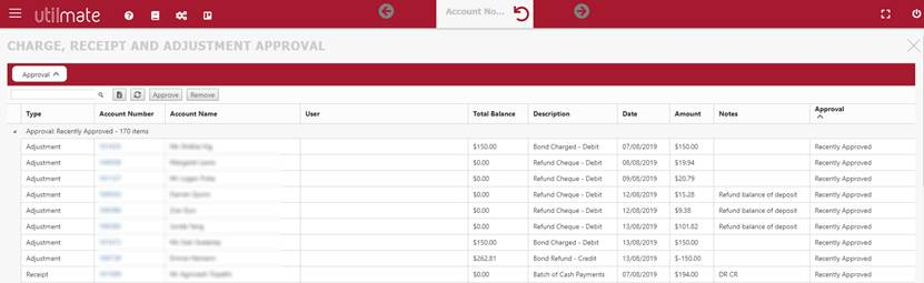 Charge, receipt and adjustment approval screen