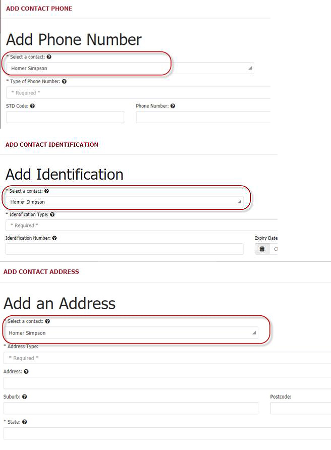 Adding contact phone, identification or addresses