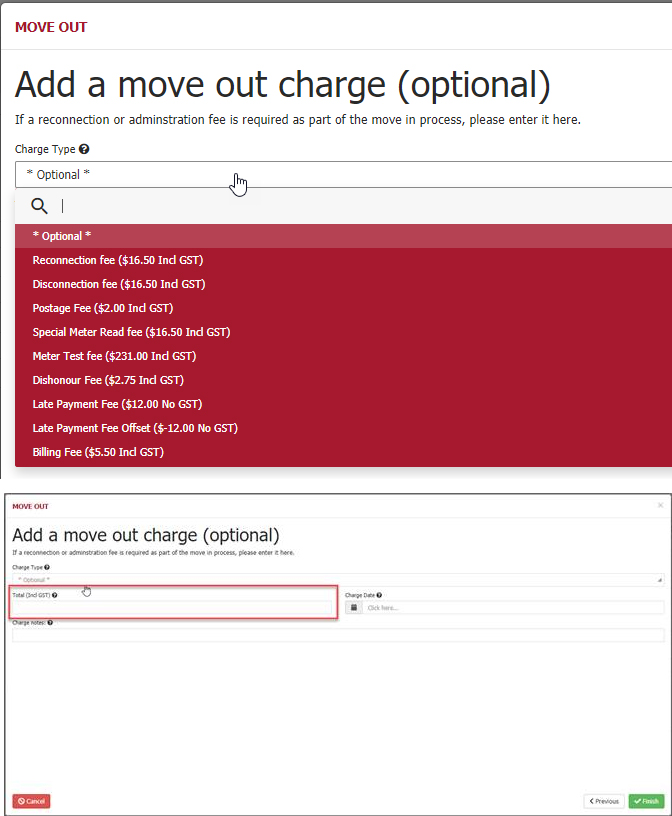 Move in and Move out (optional) charges Move in and Move out (optional) charges