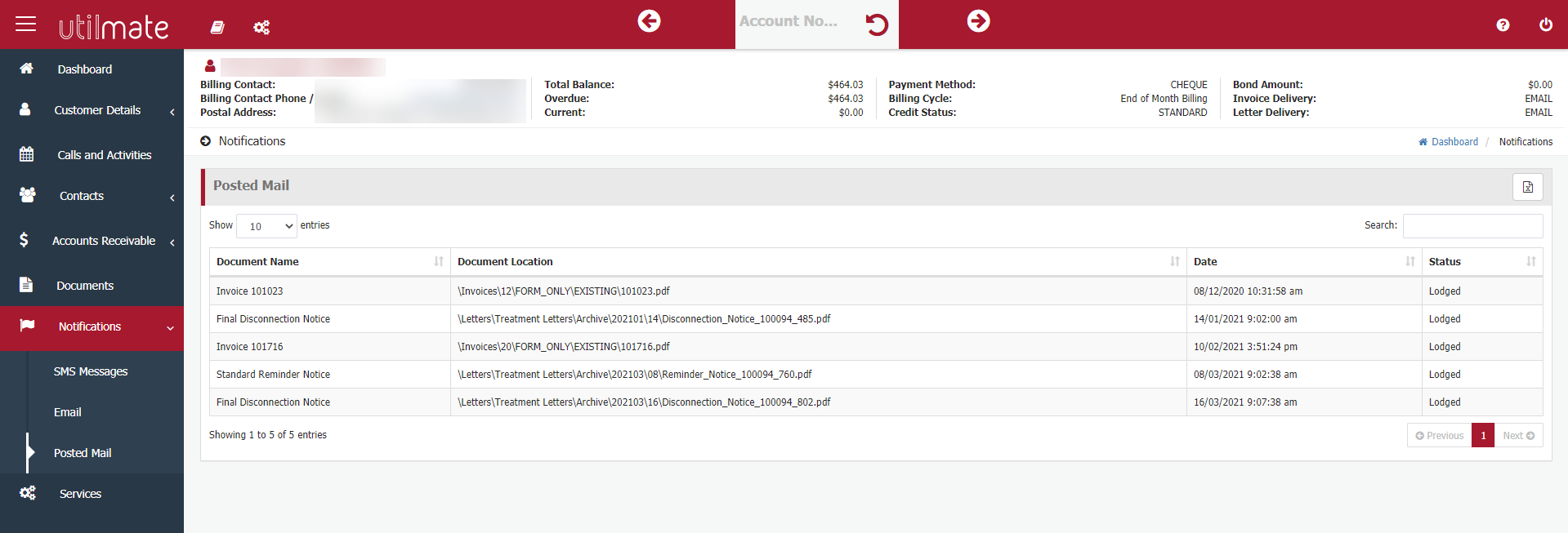 Posted mail notifications screen Posted mail notifications screen