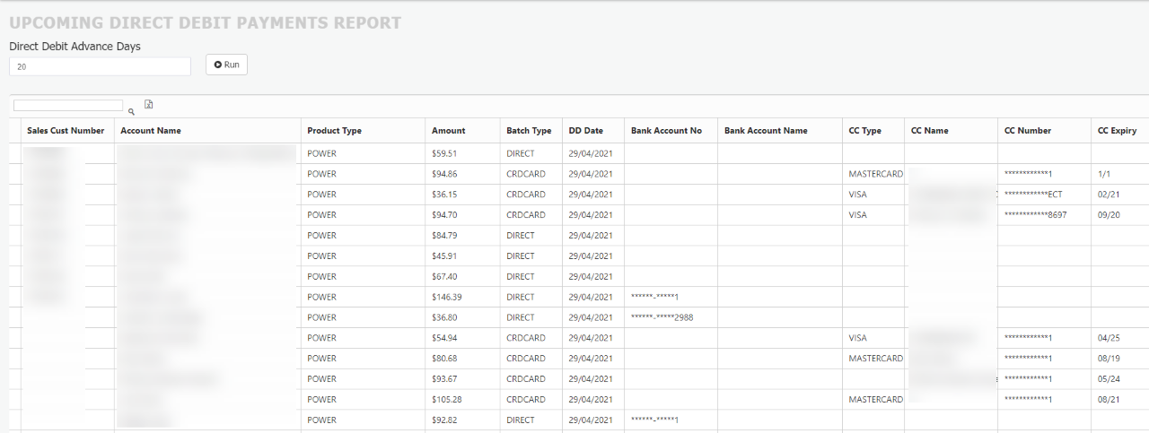 Upcoming direct debits report Upcoming direct debits report