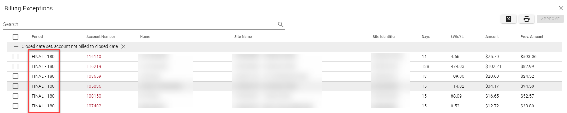 Billing exceptions screen Billing exceptions screen