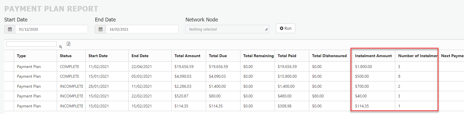 Payment plan report