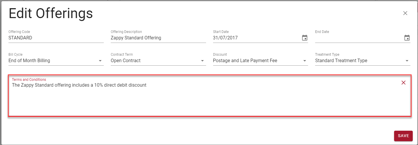 Offering terms and conditions