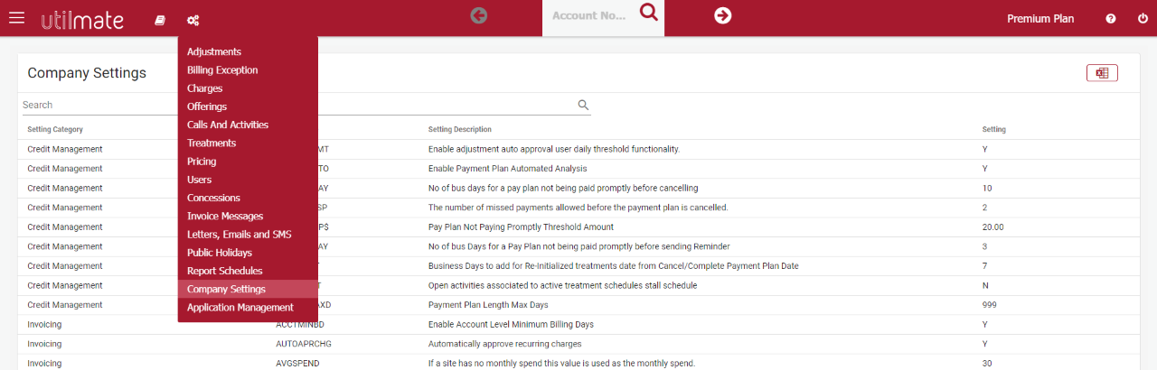 Company settings maintenance screen