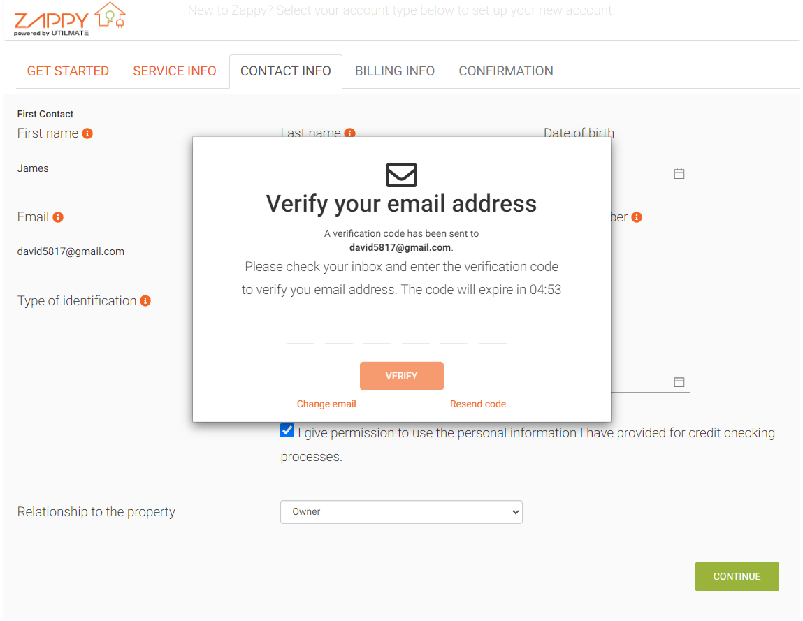 MyAccount move in form email verification