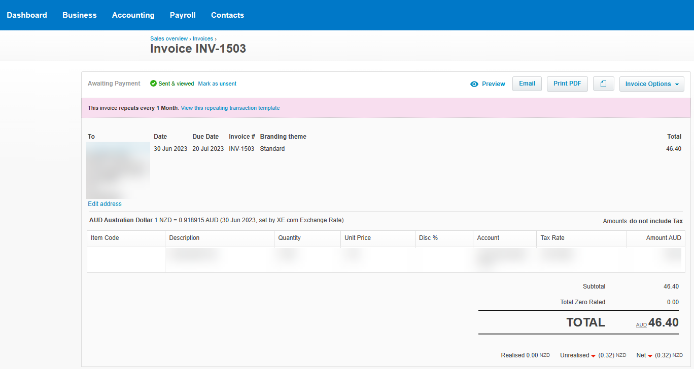 Xero -> export invoice Xero -> export invoice