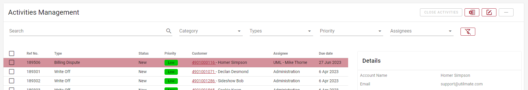Activity screen filtering