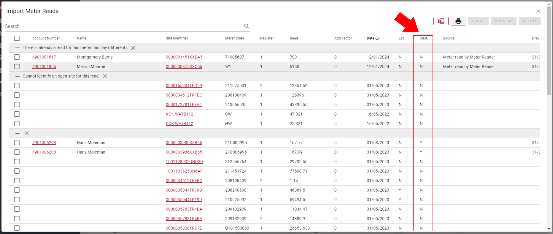 Customer entered reads Customer entered reads