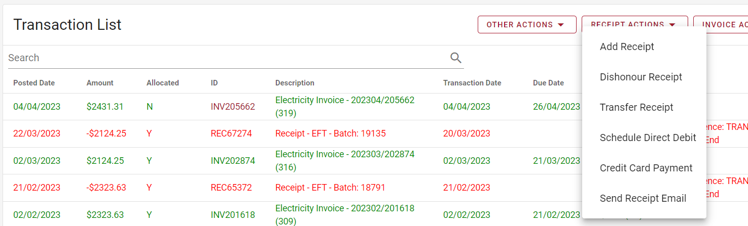 Dishonour Receipt Reason Types