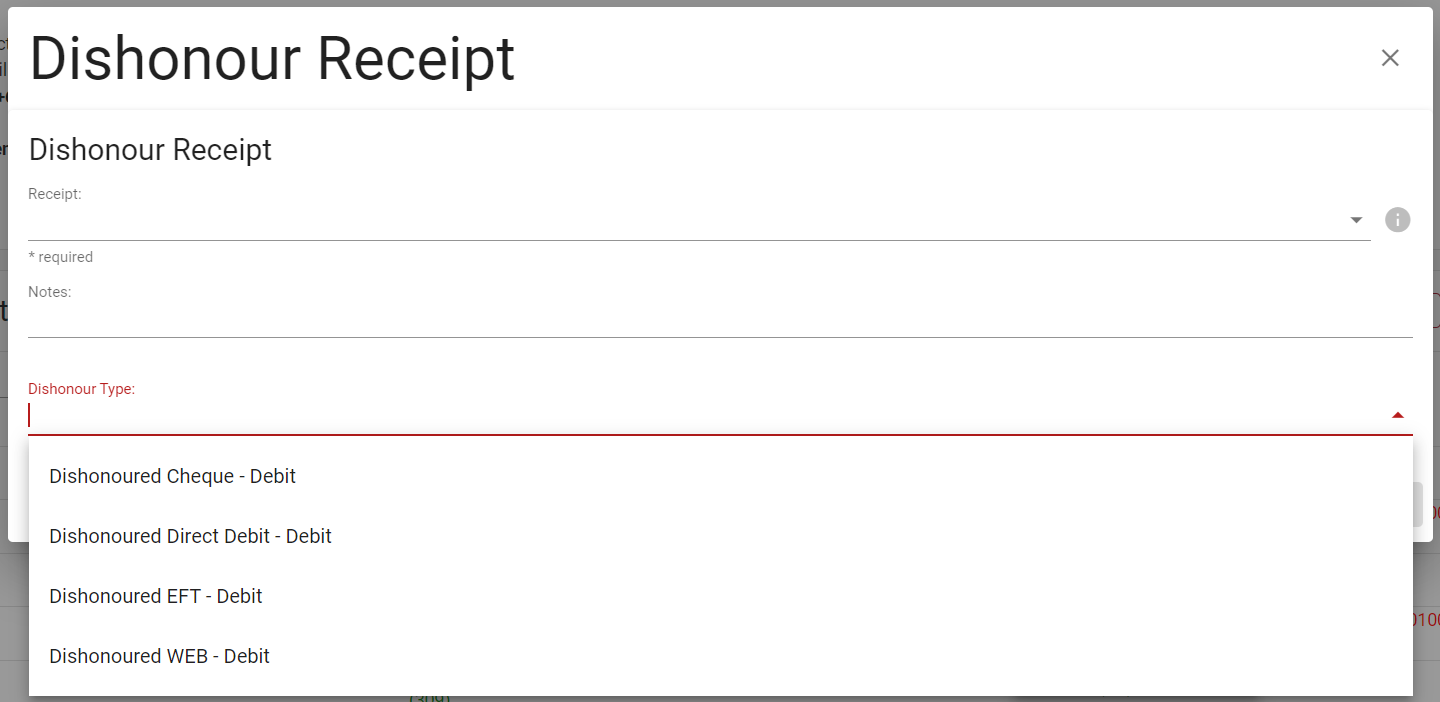 Dishonour Receipt Reason Types