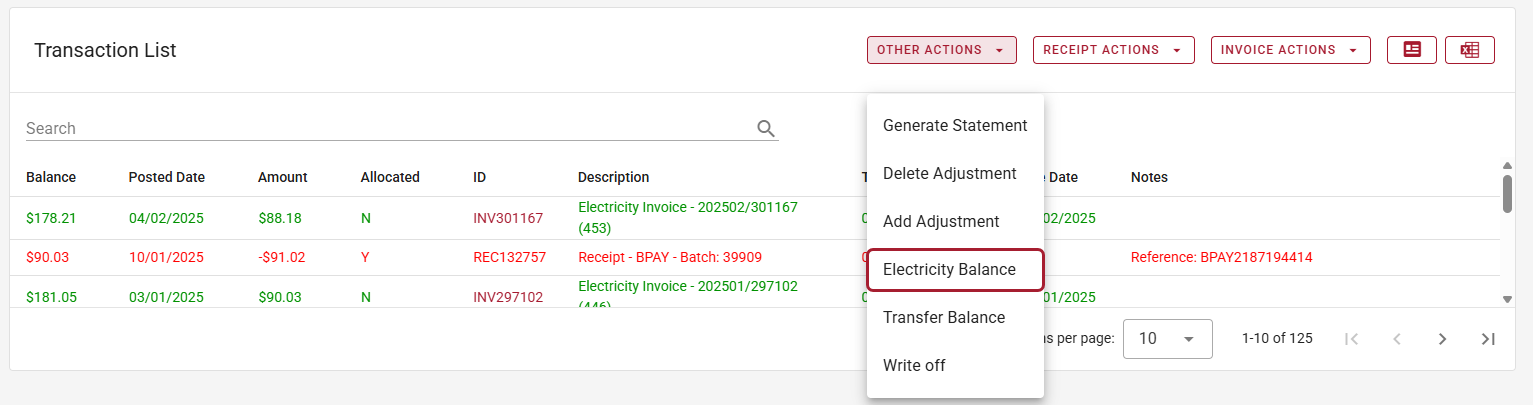 Electricity balance menu option